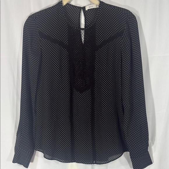 A.L.C. Black White Polka Dot Long Sleeve Blouse Sz 0 - Picture 3 of 10